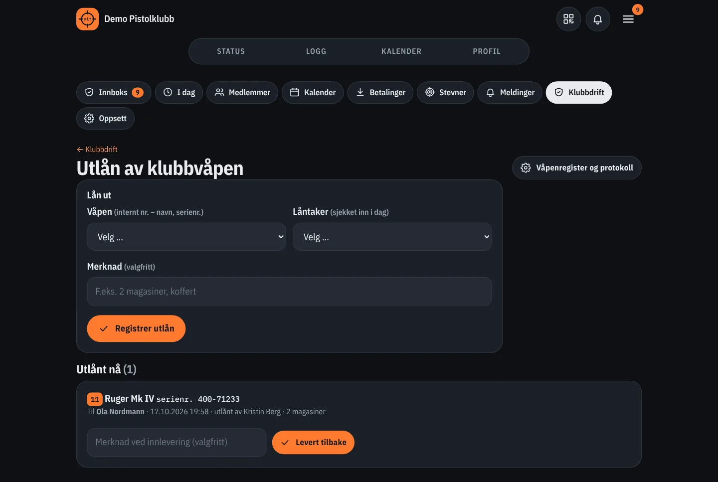 Utlån av klubbvåpen: velg våpen på internt nummer og låntaker som er sjekket inn