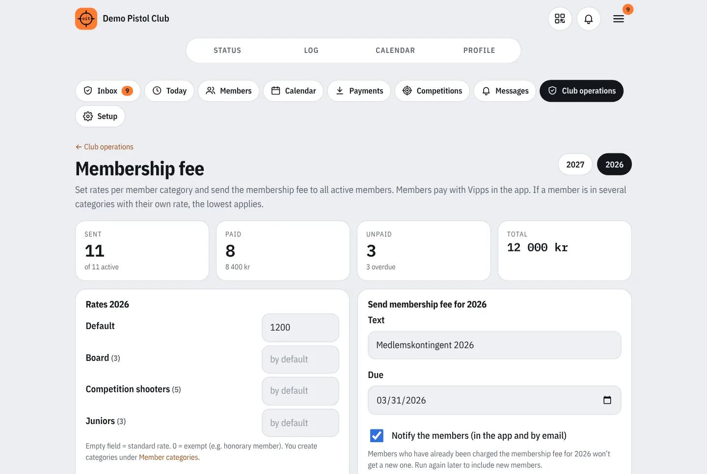 Membership fees with rates per category and an overview of paid and unpaid