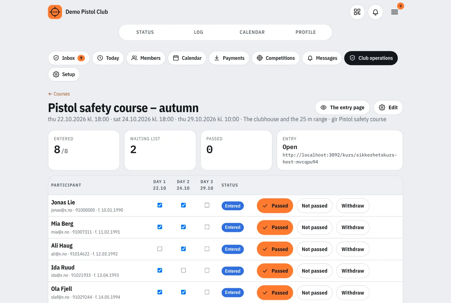 Safety course with participants, attendance per course day and passed