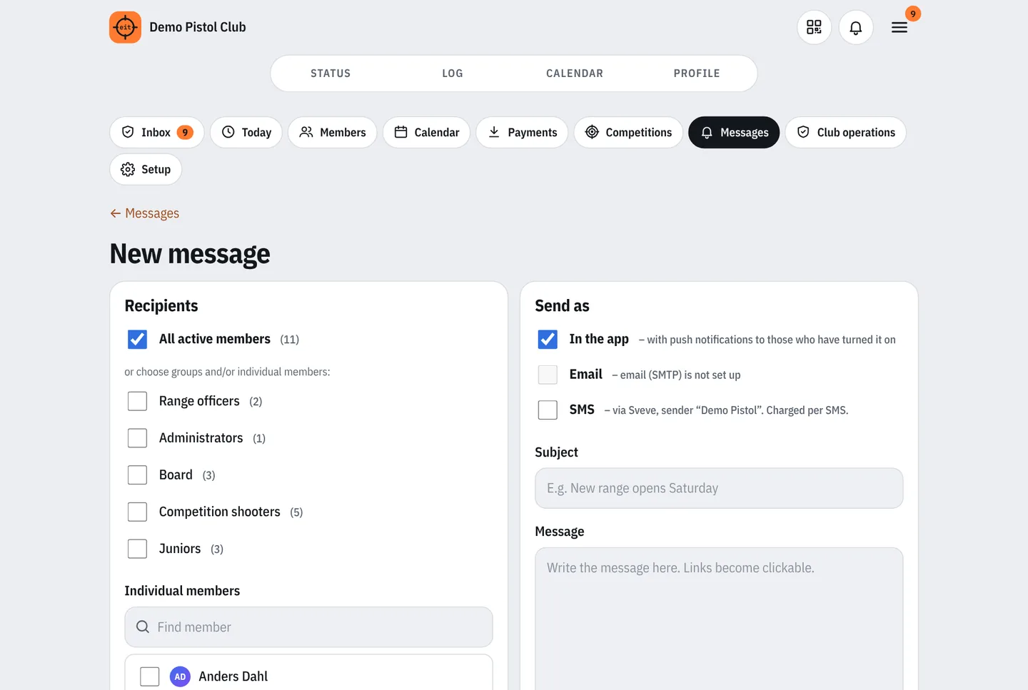 New message: choose recipients and channels