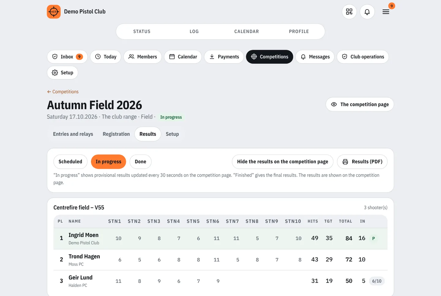 Results for rimfire field Open with ranking and prizes