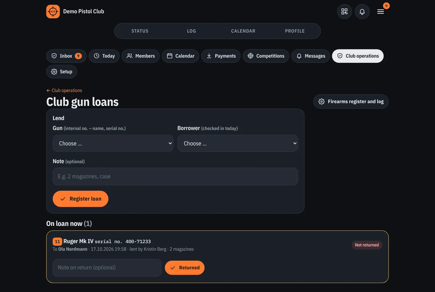 Club gun loans: choose a gun by internal number and a borrower who is checked in