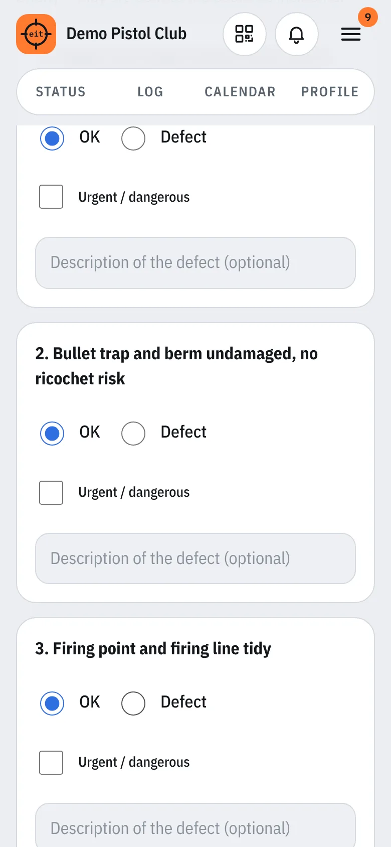 Range check with OK or defect per item