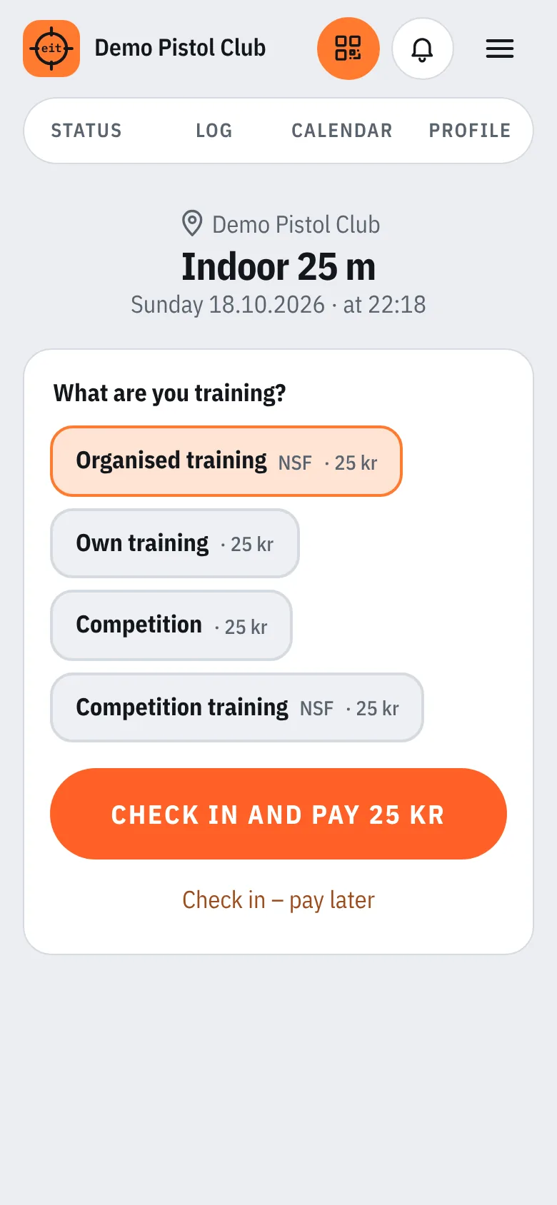 Check-in: the activity is selected, and the button checks in and pays NOK 25