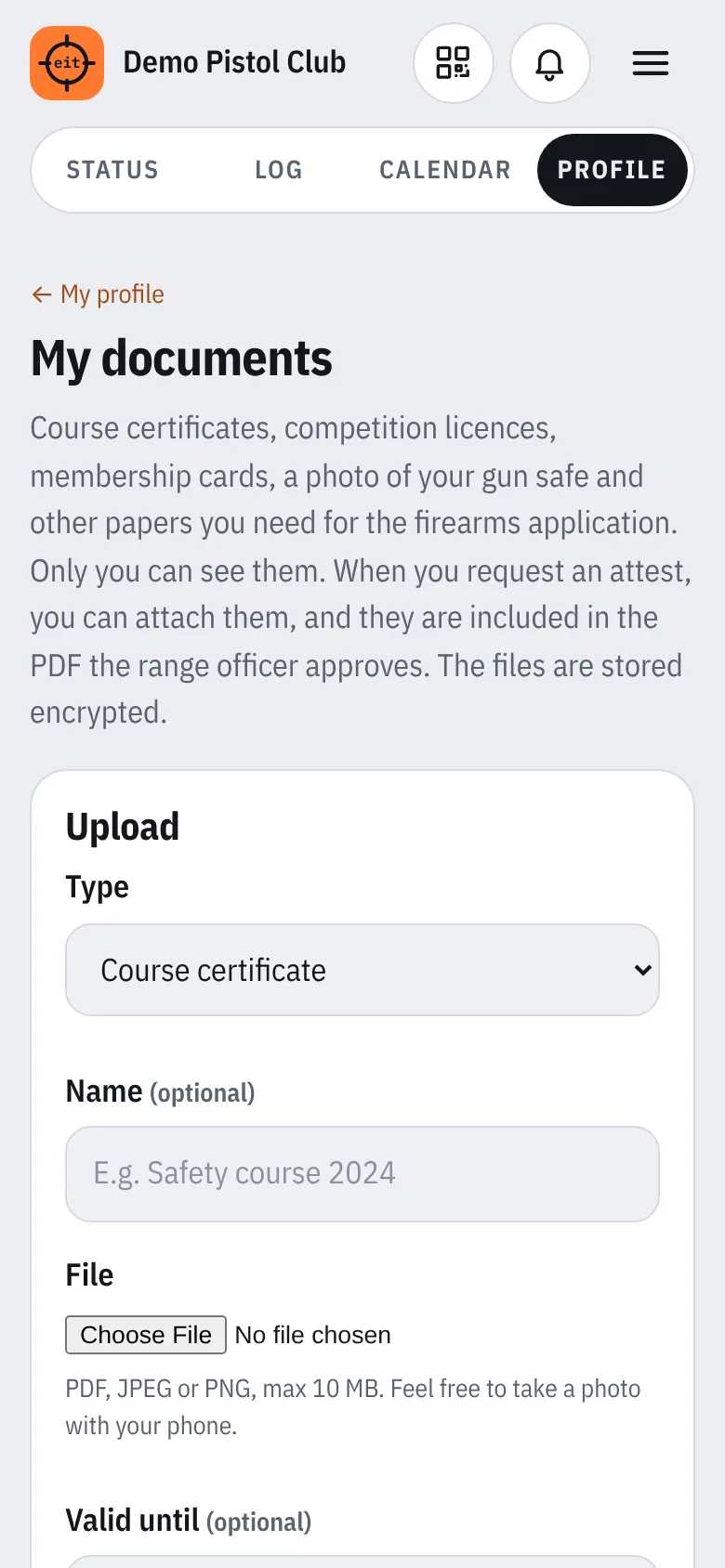 My documents: upload course certificates, competition licences and membership cards