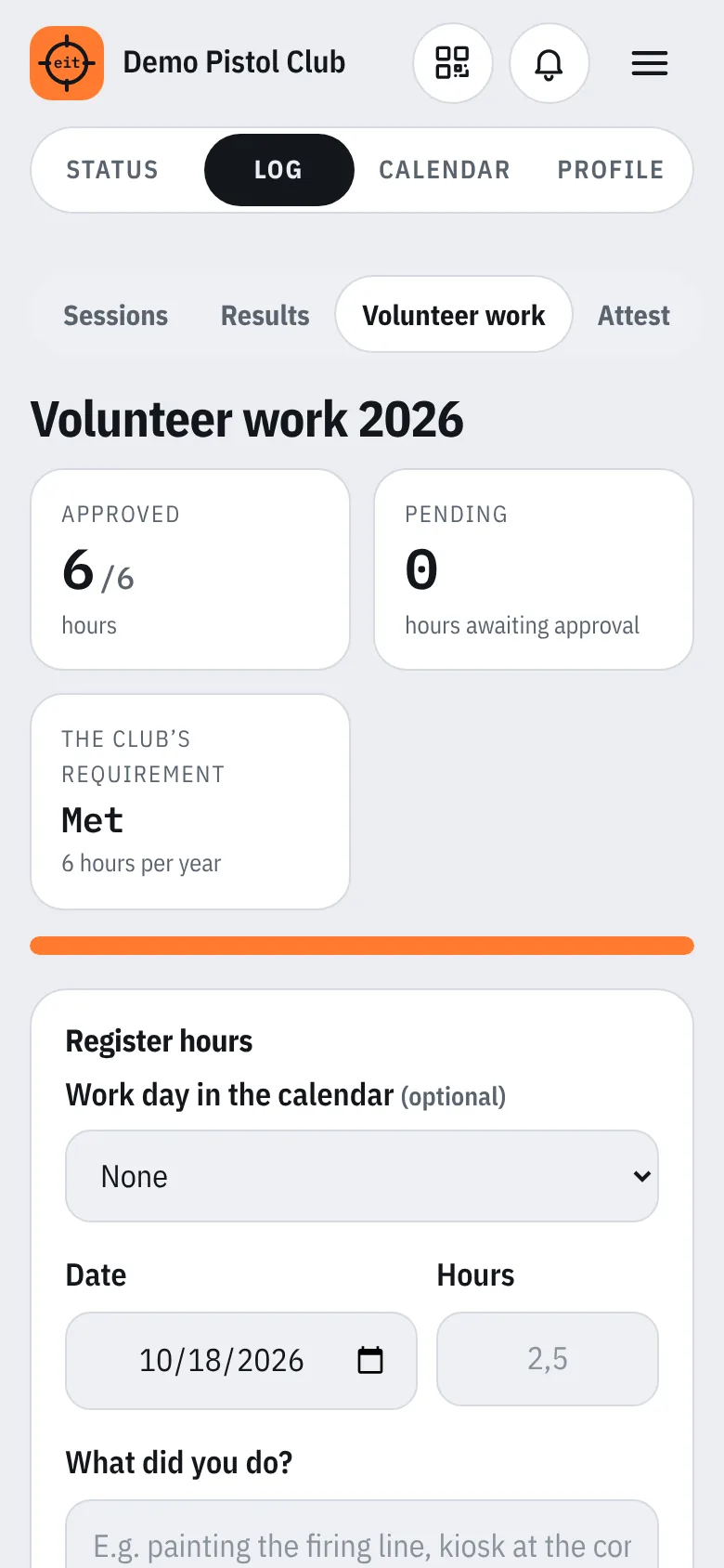 Volunteer hours against the club’s requirement