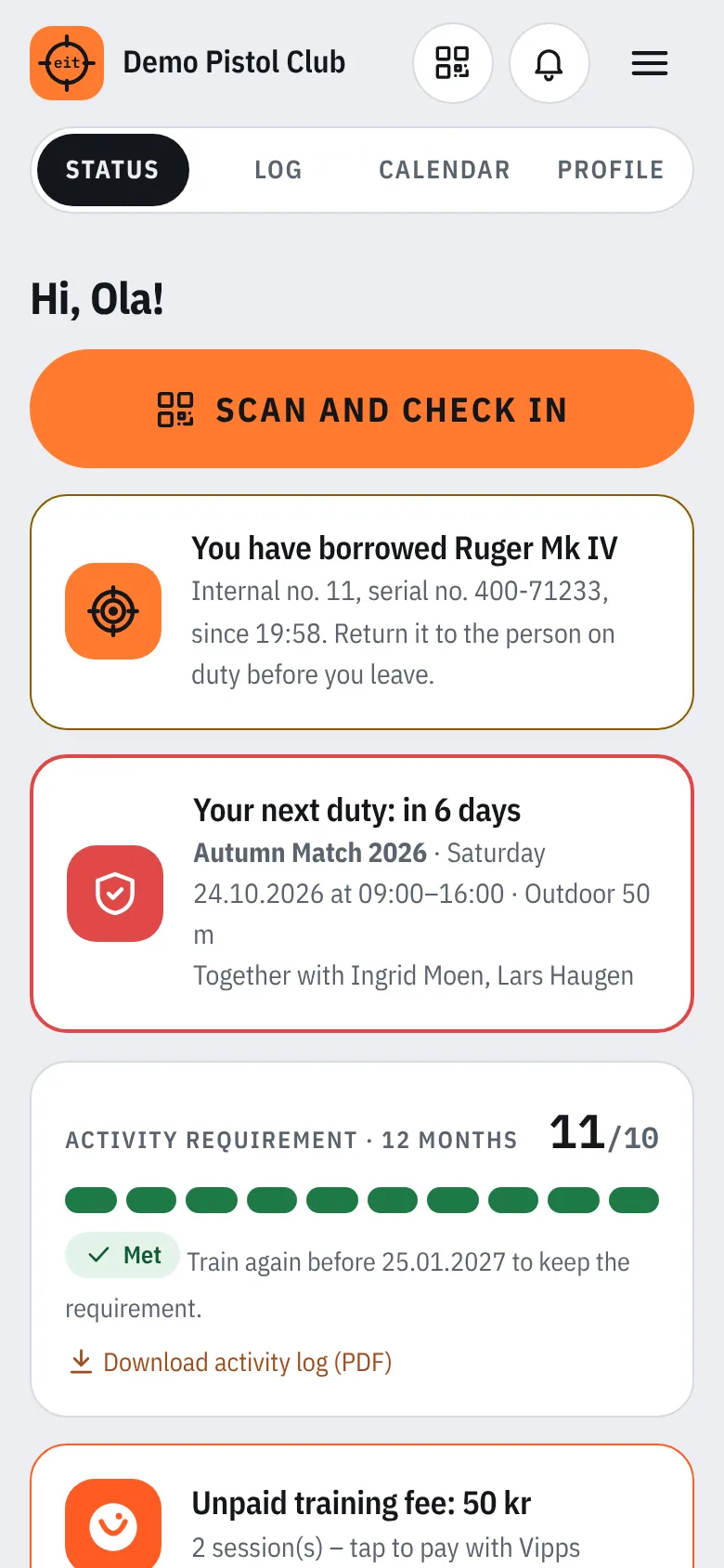 The home page in light theme with range status and new messages