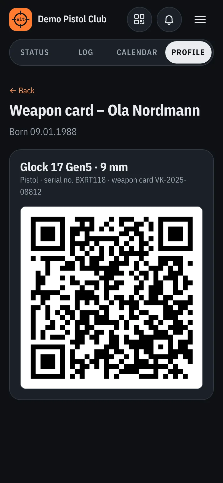 Digital weapon card with QR code