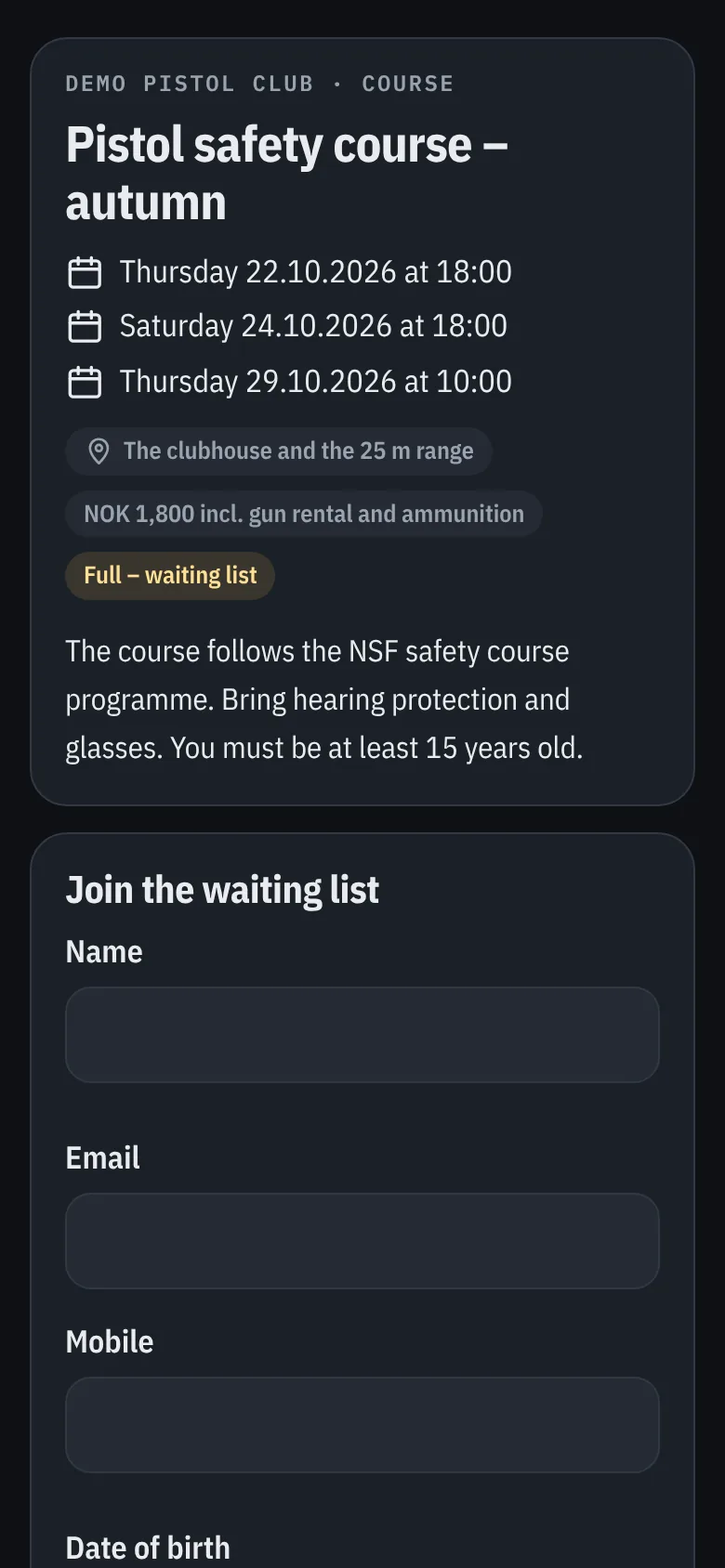Sign-up for a safety course with waiting list