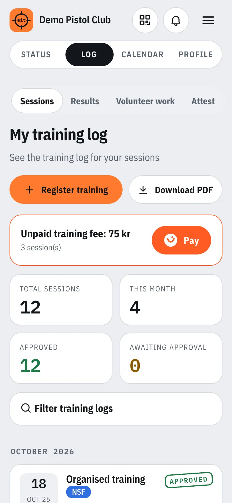 My training log with statistics and approved sessions