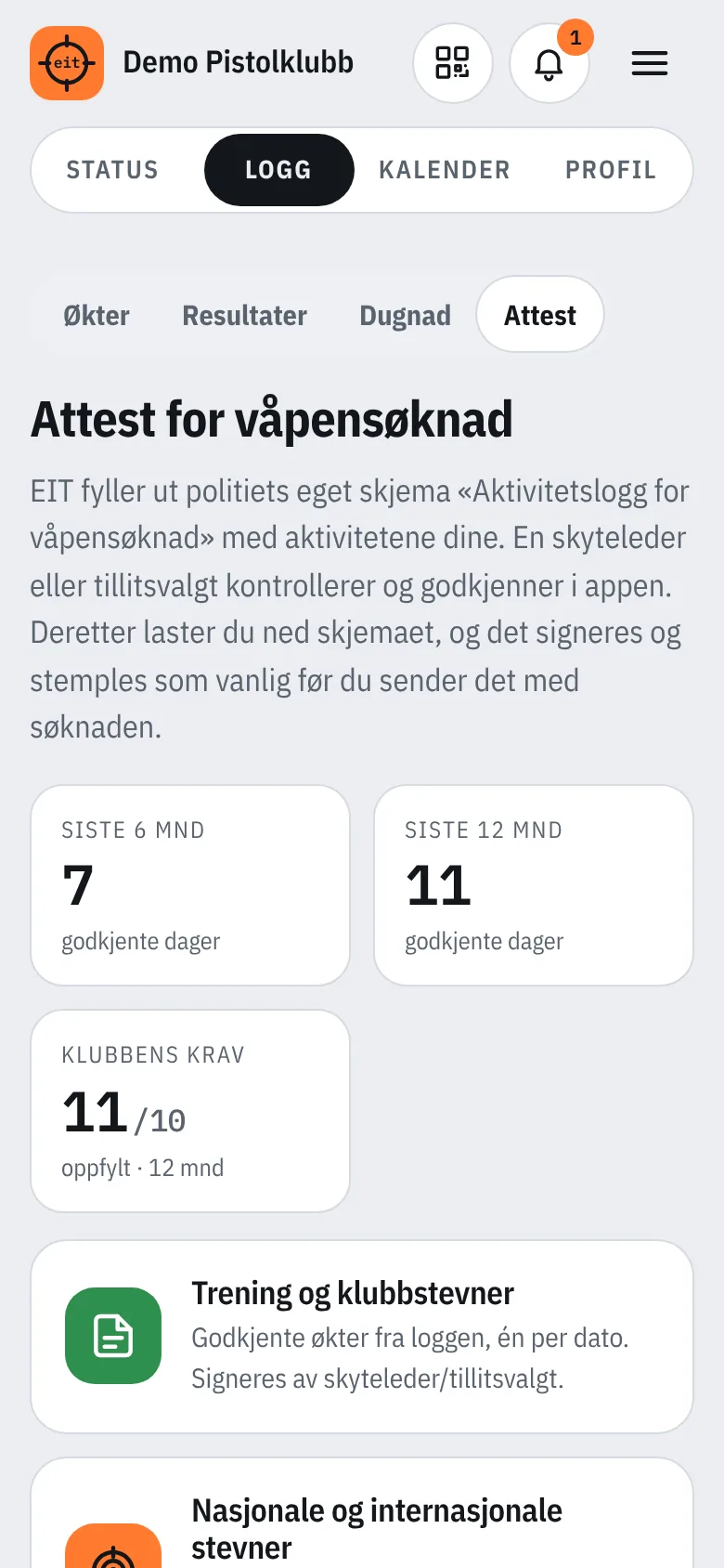 Attest for våpensøknad i appen med antall godkjente dager