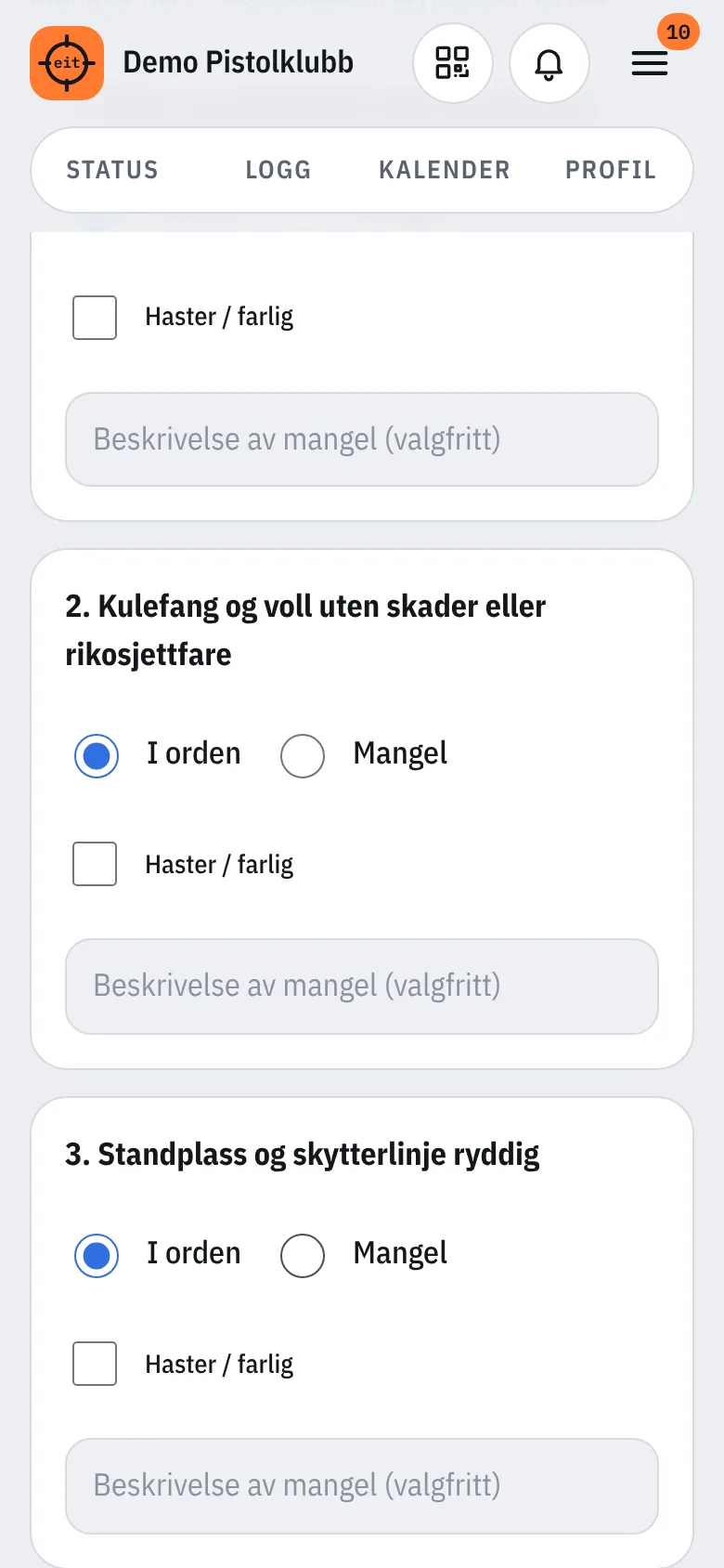 Banesjekk med i orden eller mangel per punkt