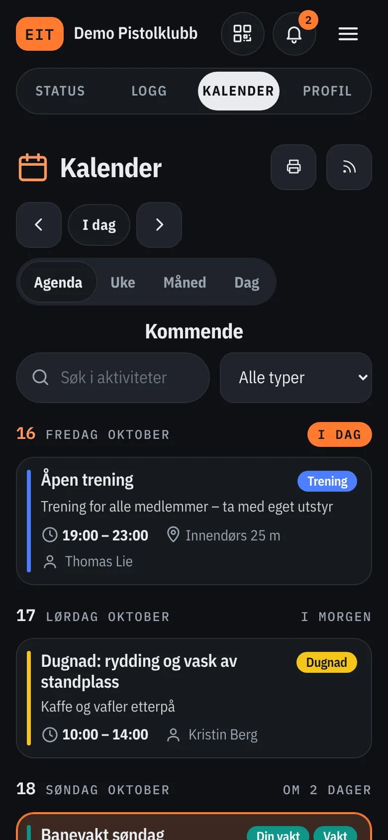 Kalenderen i mørkt tema
