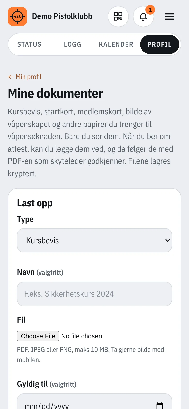 Mine dokumenter: last opp kursbevis, startkort og medlemskort