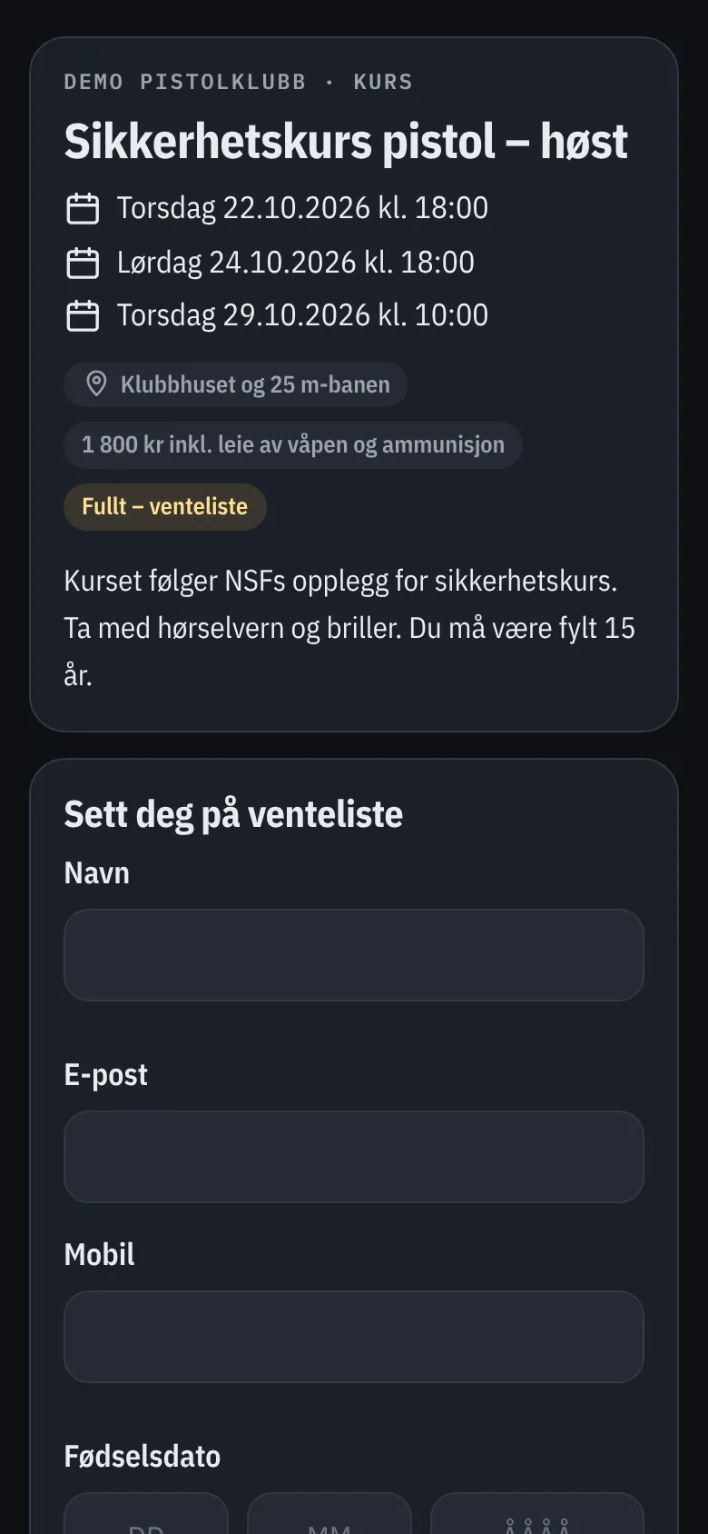Påmelding til sikkerhetskurs med venteliste
