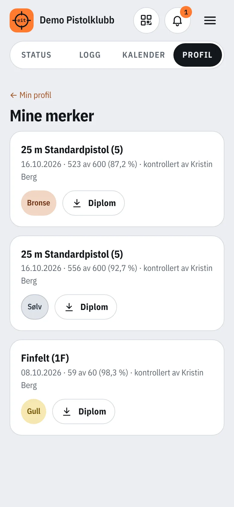 Mine merker med gull, sølv og bronse og diplom