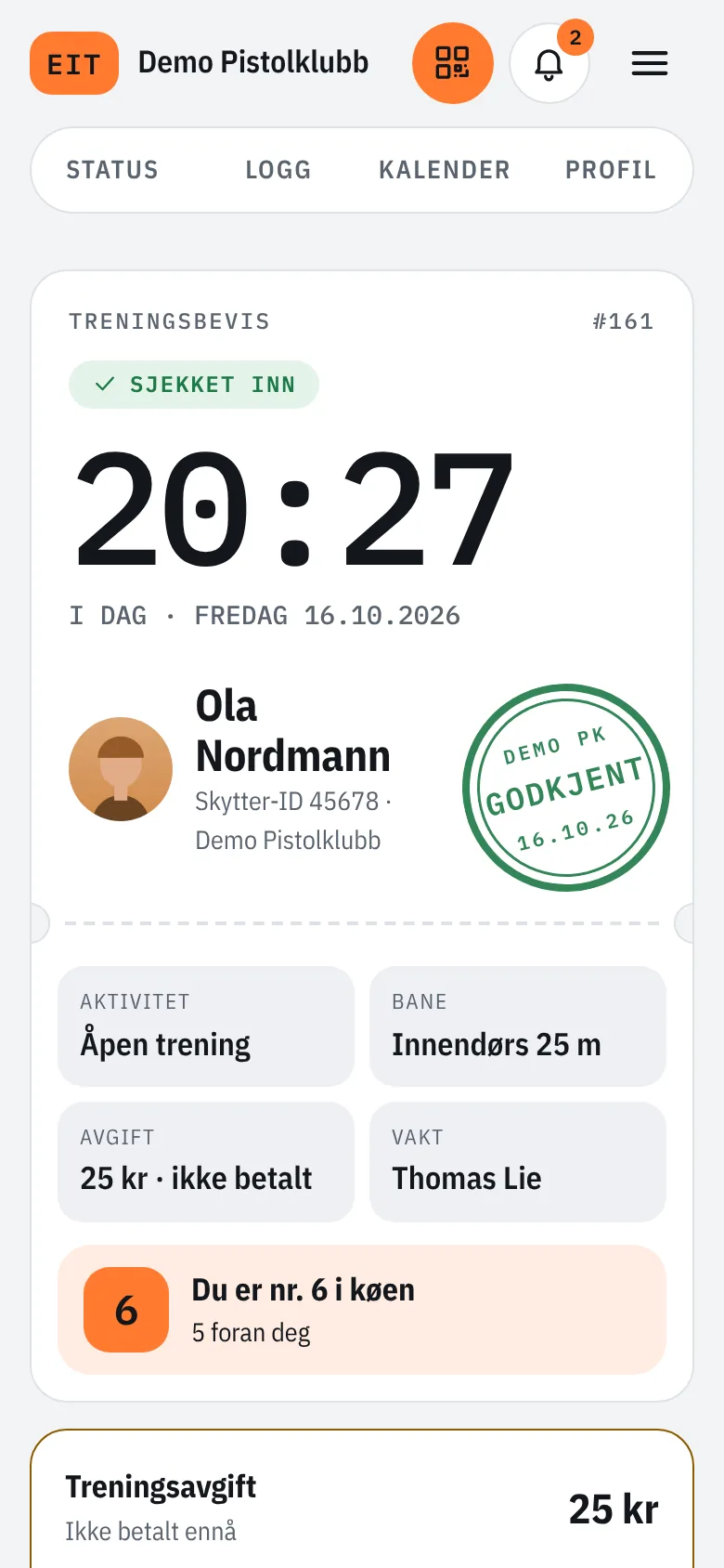 Treningsbevis med godkjent-stempel